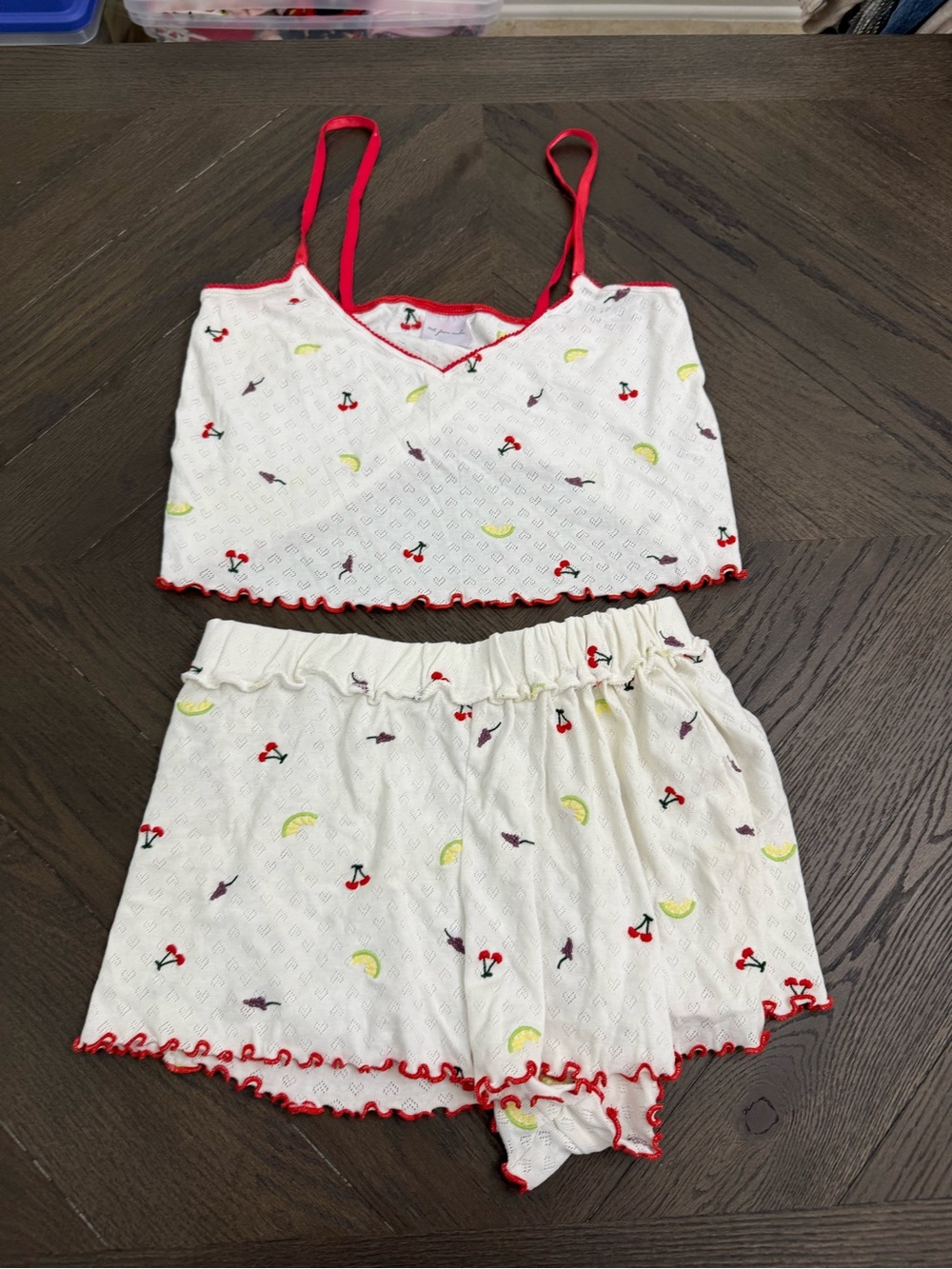 Urban Outfitters White Fruit-Print Cami & Shorts Pajama Set with Red Trim